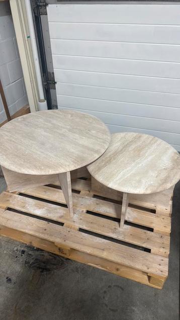 Solid Travertine Coffee Table Duo – Cross Base beschikbaar voor biedingen