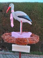 3d Ooievaar met blauwe of roze strik om nek op nest., Ophalen, Nieuw, Geboortebord