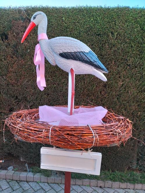 3d Ooievaar met blauwe of roze strik om nek op nest., Kinderen en Baby's, Kraamcadeaus en Geboorteborden, Nieuw, Geboortebord