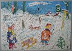 Antiek puzzel kinderen sneeuw slede sneeuwpop winter, Antiek en Kunst, Ophalen of Verzenden