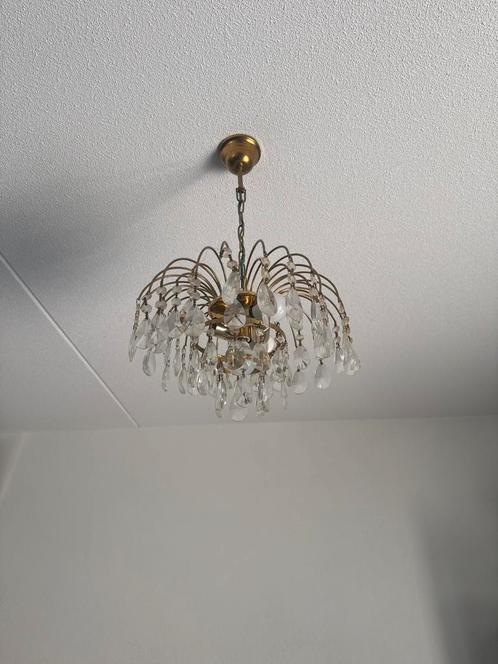 Vintage Messing Kroonluchter met Kristallen, Huis en Inrichting, Lampen | Kroonluchters, Zo goed als nieuw, Metaal, Ophalen of Verzenden