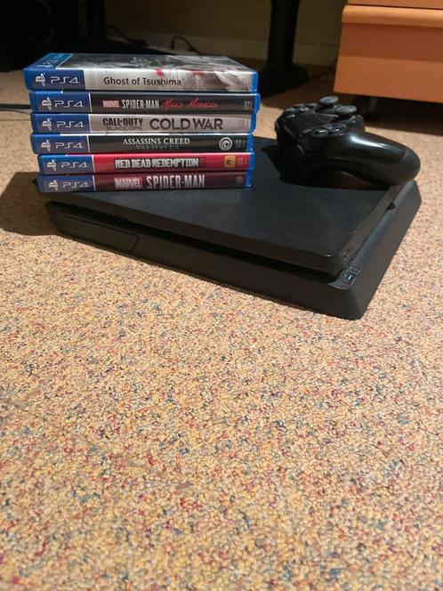 PS4 Slim 500GB + Controller + 6 Games, Spelcomputers en Games, Spelcomputers | Sony PlayStation 4, Gebruikt, Slim, 500 GB, Met 1 controller