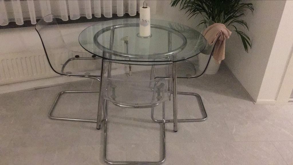 Glazen tafel met 3 stoelen - Binnen & Buiten, Huis en Inrichting, Tafels | Eettafels, Ophalen, Gebruikt, Rond, Glas