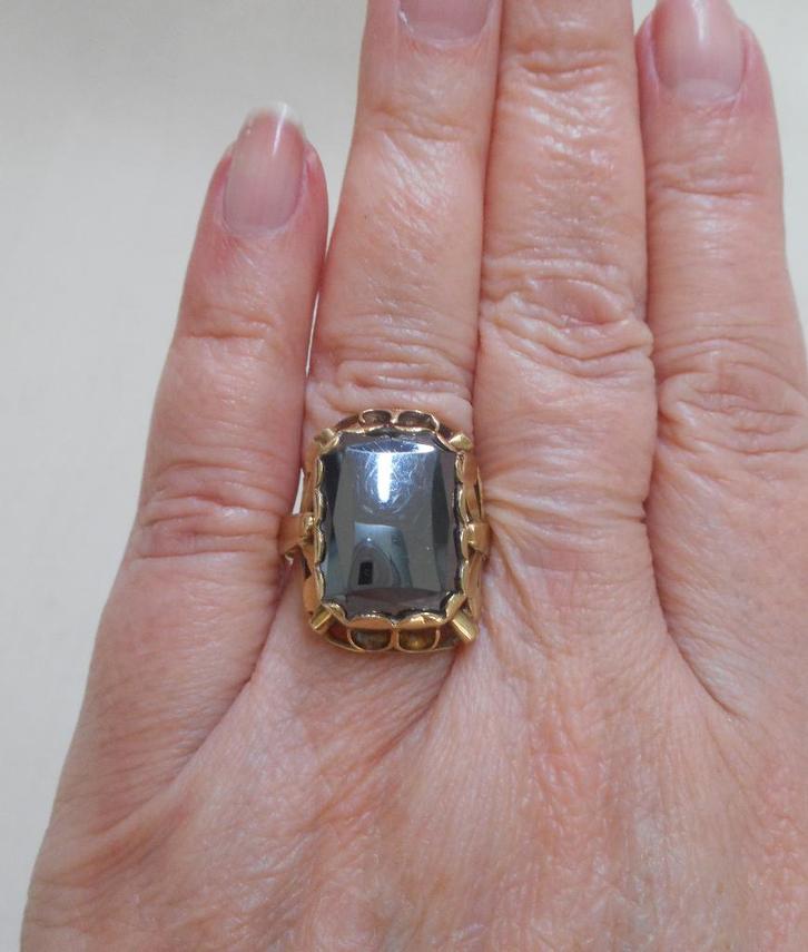 Gouden antieke ring met hematiet maat 18.75 nr.1659, Sieraden, Tassen en Uiterlijk, Antieke sieraden, Ring, Goud, Verzenden