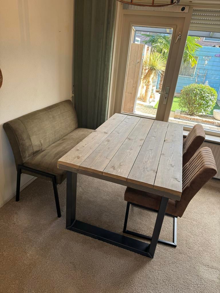 Complete Eethoek: Steigerhout Tafel, Bank & Stoelen, Ophalen, Zo goed als nieuw, Minder dan 4 stoelen