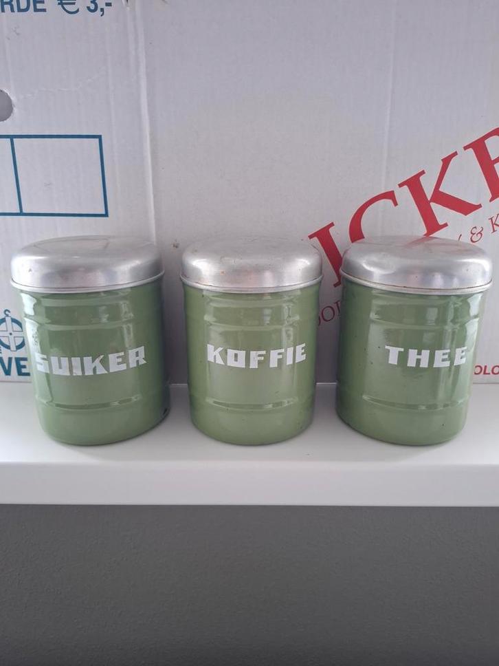 Vintage voorraadpotten: Koffie, Thee, Suiker, Antiek en Kunst, Antiek | Emaille, Ophalen