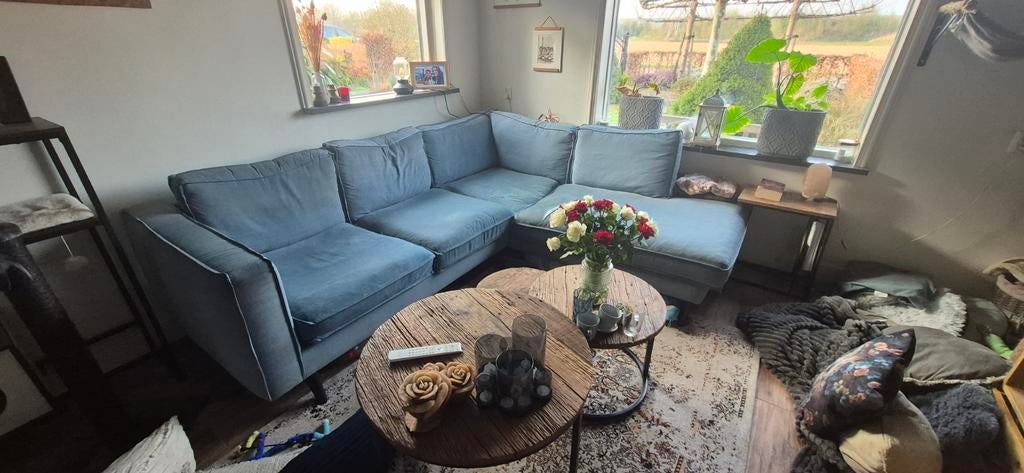 Hoekbank rechts lichtblauw spijkerstof gratis, Ophalen, Gebruikt, Stof, Modern, Casual