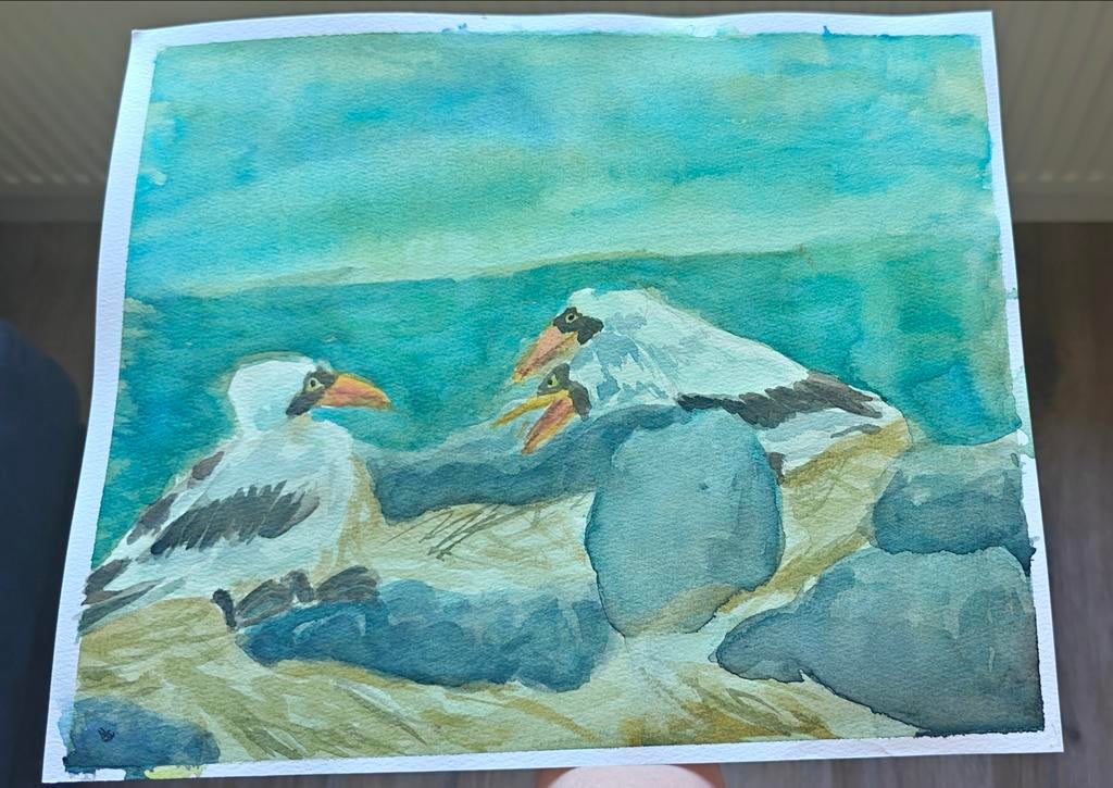 Aquarel Vogel Schilderij Albatros discussie 30x25 cm, Antiek en Kunst, Verzenden