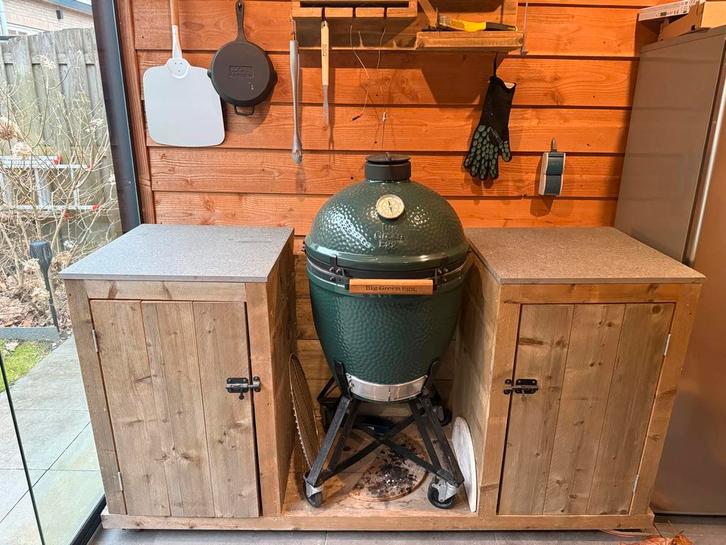 Big Green Egg Large met buitenkeuken van steigerhout, Tuin en Terras, Houtskoolbarbecues, Gebruikt, Ophalen