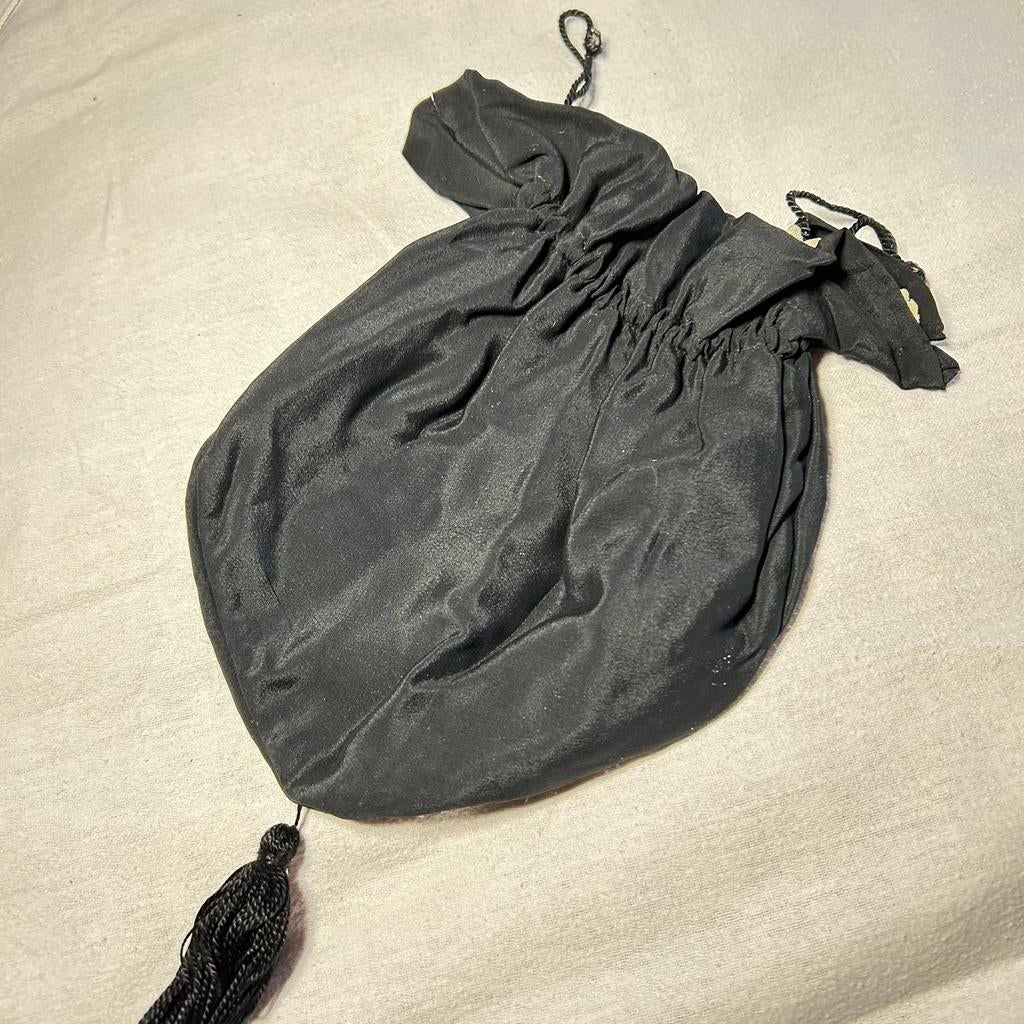 Vintage zwart buideltasje, buidelzakje, met flos, Antiek en Kunst, Ophalen of Verzenden