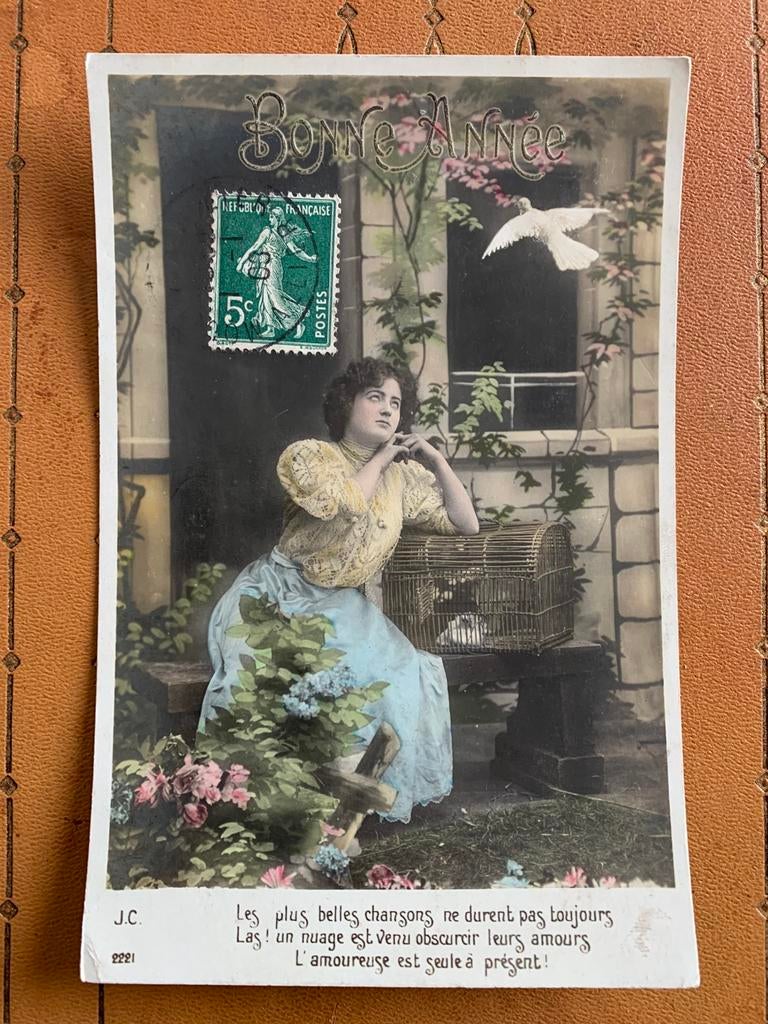 1908 Bonne Année - dame met duif, Verzamelen, Ansichtkaarten | Themakaarten, Ophalen of Verzenden, Voor 1920, Gelopen, Feest(dag)