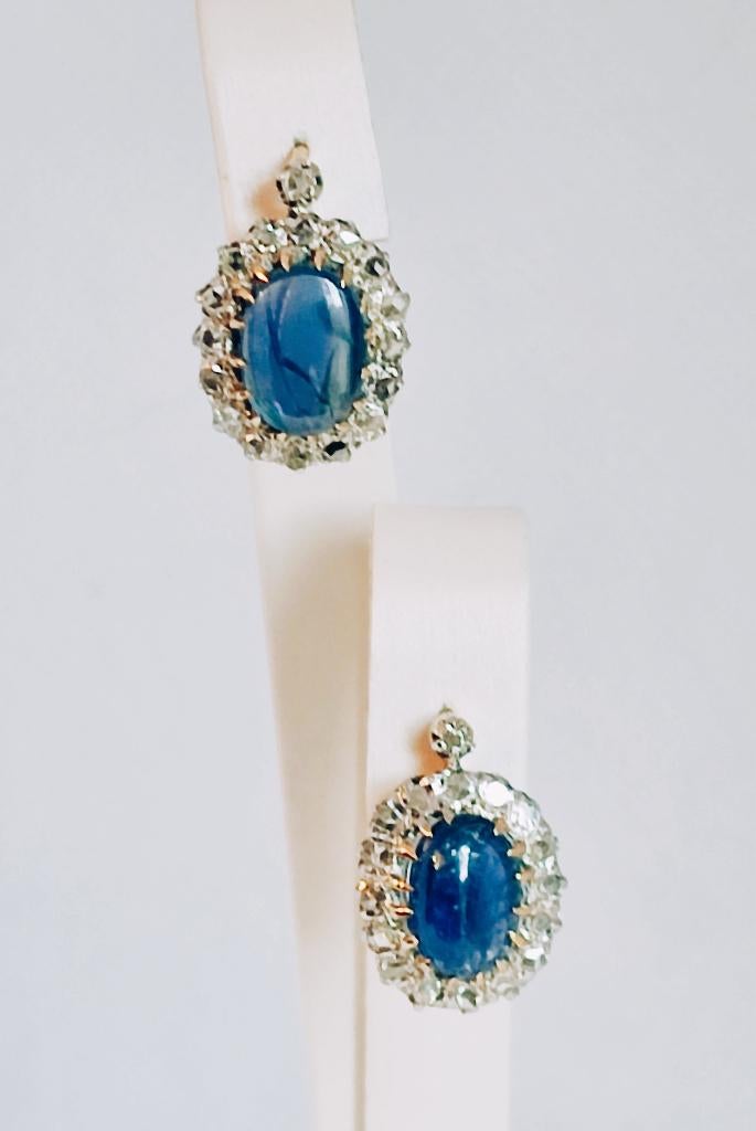 Antieke oorbellen met saffieren uit Myanmar, diamanten, Hangers, Ophalen of Verzenden, Zo goed als nieuw, Met edelsteen