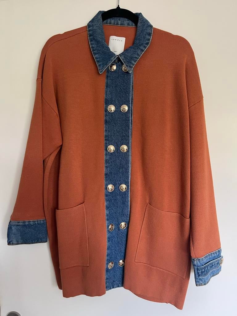Sandro Paris Jasje met denim details en gouden knopen, Ophalen of Verzenden, Zo goed als nieuw, Maat 42/44 (L), Bruin