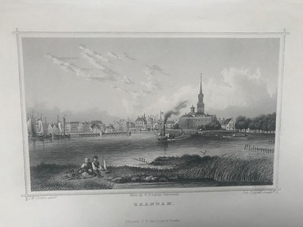 Originele antieke staalgravure Zaandam, J. Poppel, 16x11cm., Antiek en Kunst, Kunst | Etsen en Gravures, Ophalen of Verzenden