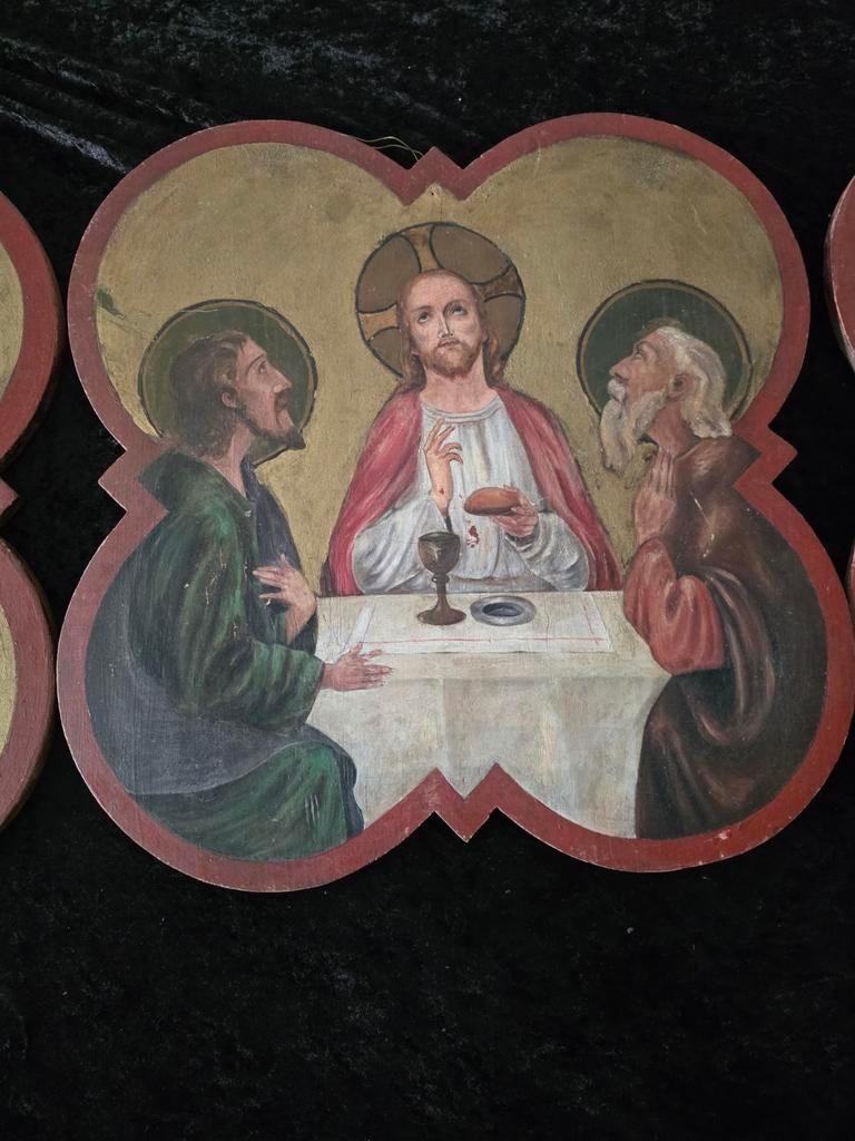 Set van 3 handgeschilderde iconen: Alfa, Omega en Avondmaal, Antiek en Kunst, Ophalen of Verzenden