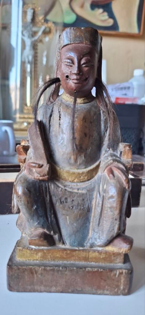 Antiek Chinees houten beeldje van een zittende figuur, Ophalen of Verzenden