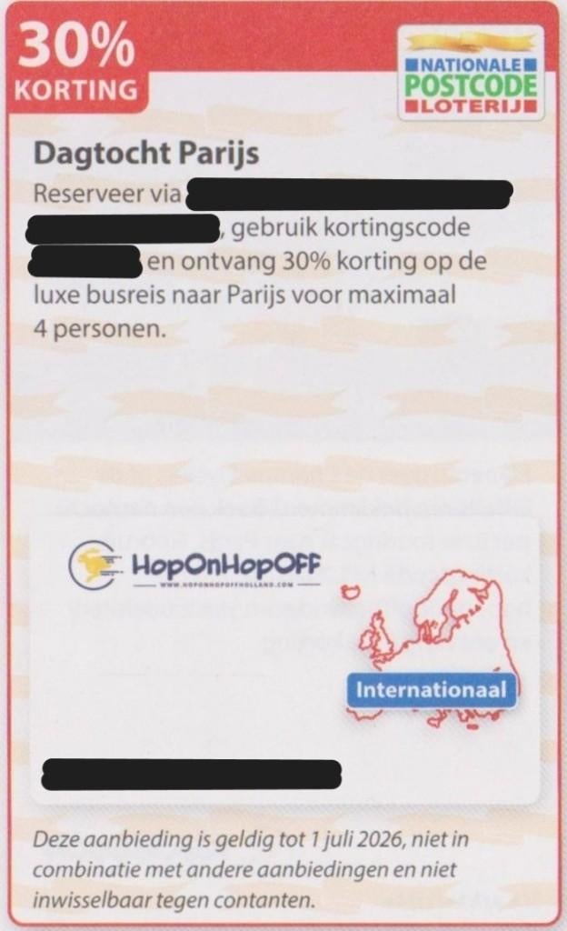Dagtocht Parijs. 30% korting. Postcodeloterij kortingsbon., Drie personen of meer, Bus, Metro of Tram, Buitenland, Kortingskaartje