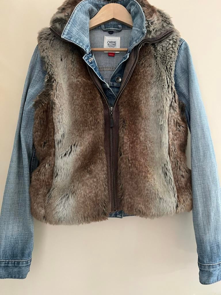 Jeans jasje met bont bodywarmer, Kleding | Dames, Bodywarmers, Ophalen of Verzenden, Gedragen, Maat 38/40 (M), Blauw