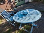 Tuintafel inklapbaar van plantation teak te koop., Tuin en Terras, Tuintafels, Ophalen, Gebruikt, Rond, Teakhout