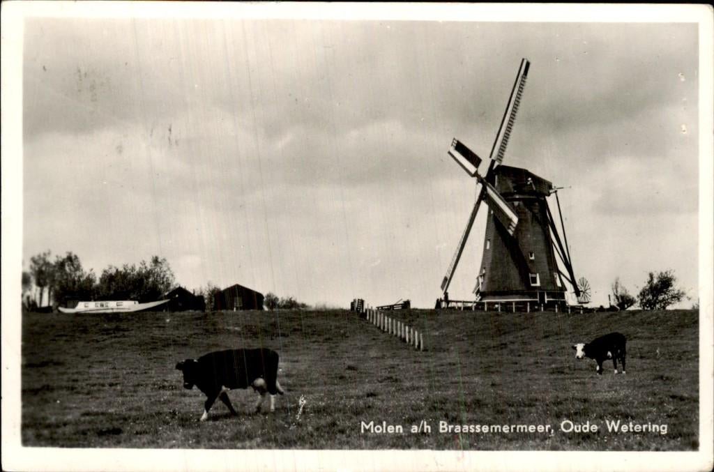 Oude Wetering - Molen - Braassemermeer, Verzamelen, Ansichtkaarten | Nederland, Ophalen of Verzenden, 1940 tot 1960, Gelopen, Zuid-Holland