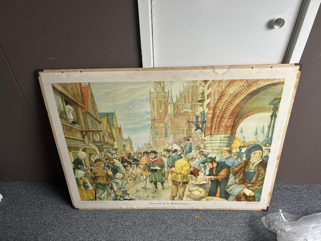 Schoolplaat Stad in de Middeleeuwen, Antiek en Kunst, Antiek | Schoolplaten, Ophalen, Geschiedenis