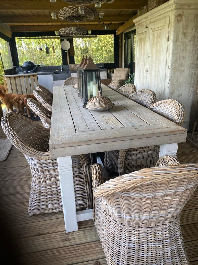 Grote massief houten tafel met 10 rotan fauteuils, Ophalen, 100 tot 150 cm, 200 cm of meer, Zo goed als nieuw