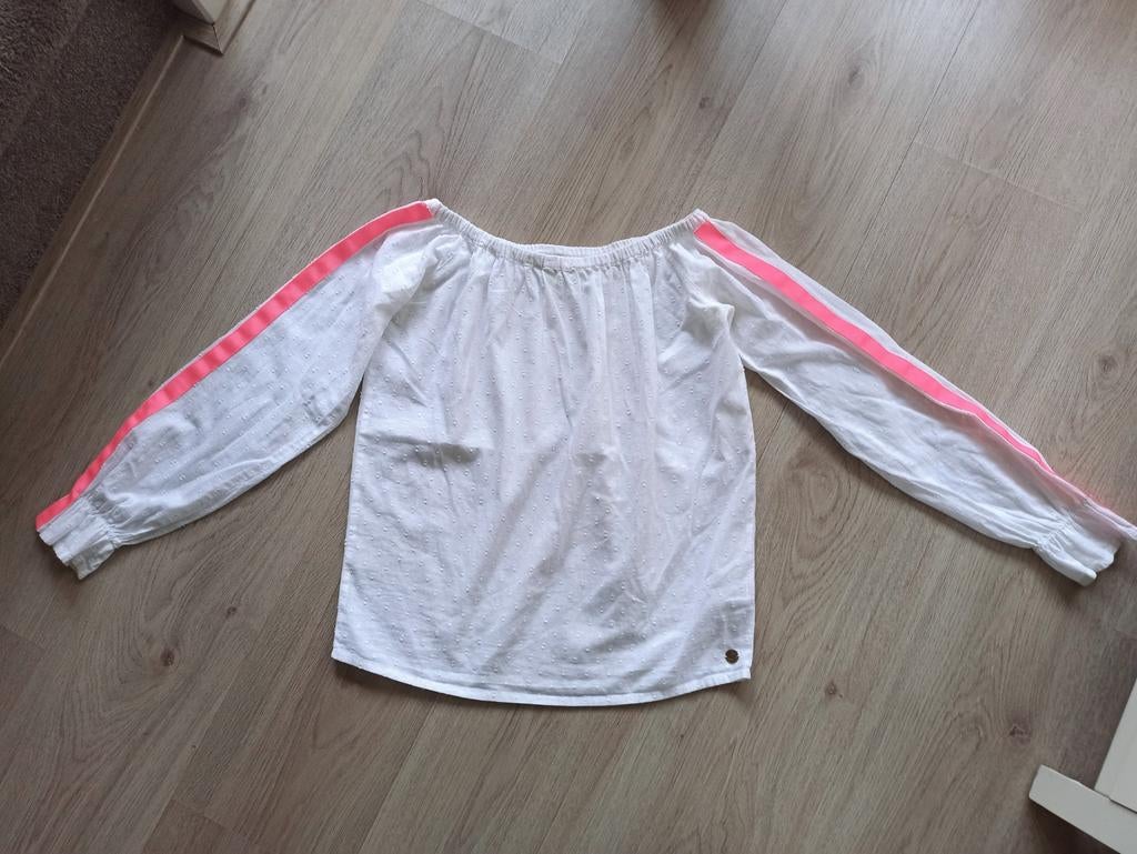 Vingino Witte Off-Shoulder Top met Neon Roze Strepen, Meisje, Overhemd of Blouse, Ophalen of Verzenden, Zo goed als nieuw