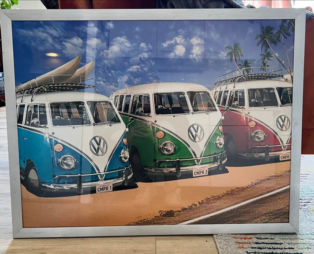 Retro Volkswagen busjes kunst in metalen lijst, Ophalen, 50 tot 75 cm, 75 tot 100 cm, Print