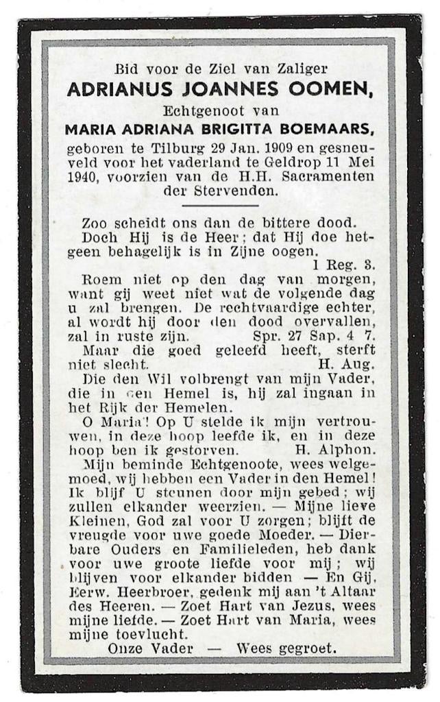 Oorlog A.J.Oomen Tilburg 1909 Geldrop 1940, Verzamelen, Bidprentjes en Rouwkaarten, Verzenden, Bidprentje