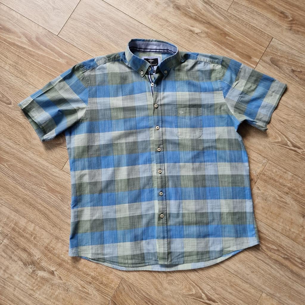 Fynch Hatton blouse korte mouw maat Xl. Blauw groen blok., Kleding | Heren, Overhemden, ., Zo goed als nieuw, ., Fynch Hatton