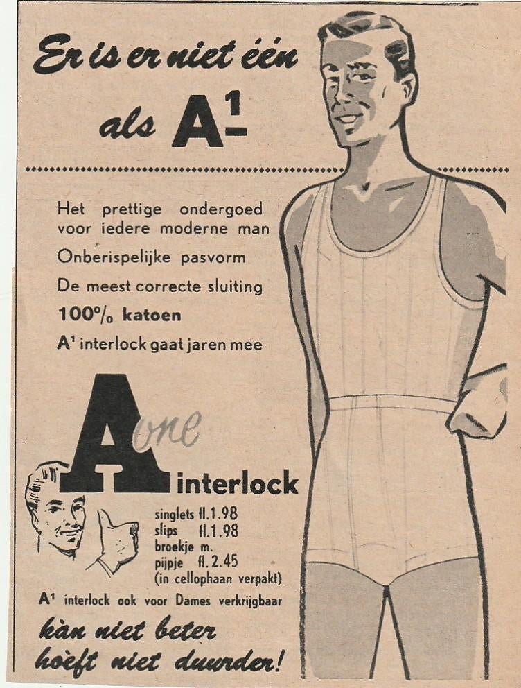 Retro reclame 1956 A-one heren ondergoed heel prettig, Verzenden, Overige typen