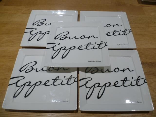 Riviera Maison 5 stuks gebaksborden Buon Appetito 18x18 cm, Huis en Inrichting, Keuken | Servies, Ophalen of Verzenden, Zo goed als nieuw