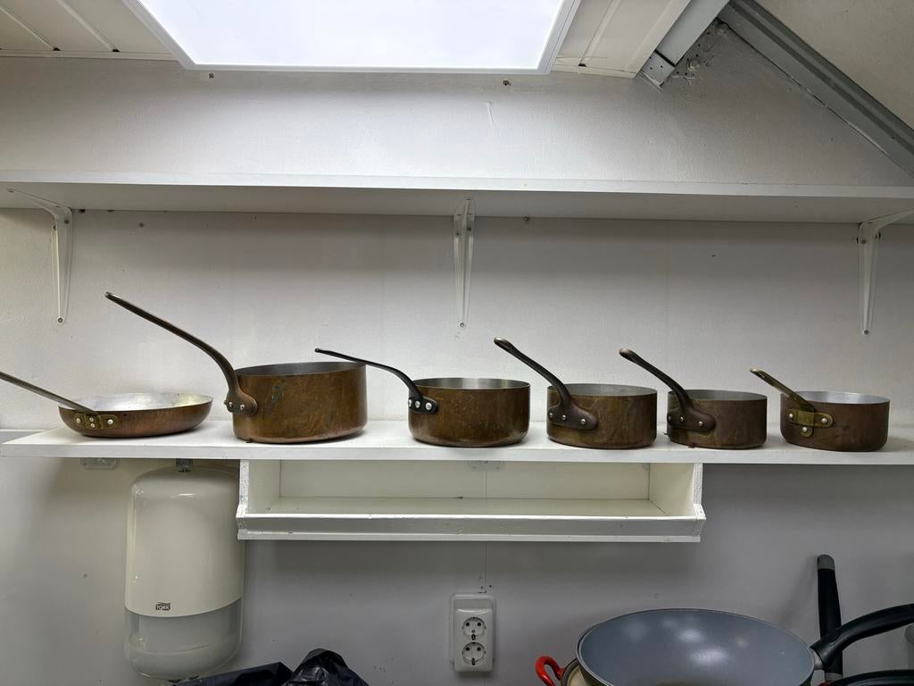 Koperen pannenset - 6 stuks (diverse maten), Huis en Inrichting, Keuken | Potten en Pannen, Ophalen, Gebruikt, Overige materialen