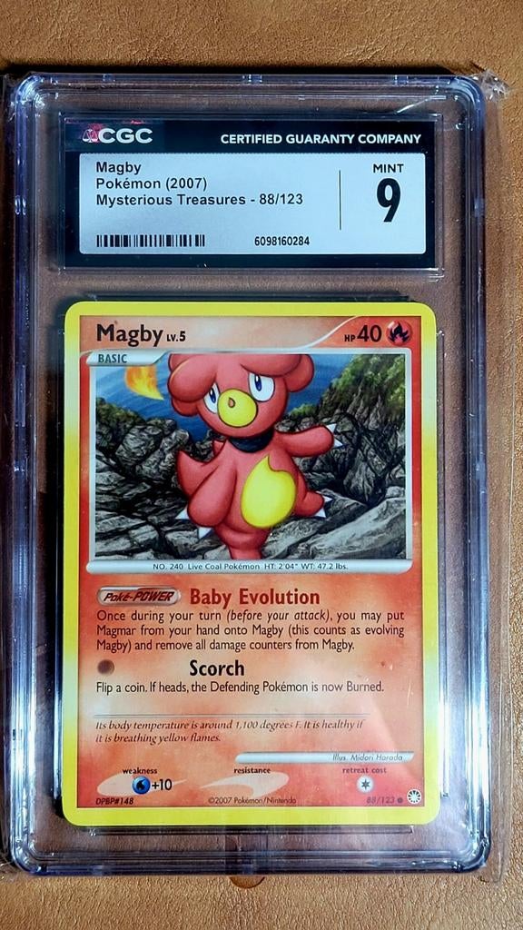 Magby Pokémon kaart (2007) CGC 9 Mint - Mysterious Treasures, Ophalen of Verzenden, Zo goed als nieuw, Losse kaart