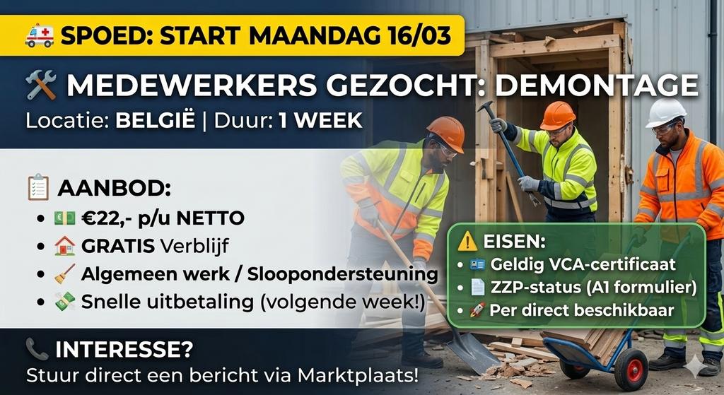 ️ ZZP’ERS GEZOCHT: Detachering  Kortlopend Project in België, 33 - 40 uur, Overige niveaus, Freelance of Uitzendbasis
