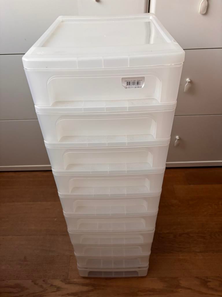 Kunststof ladekast 10 lades smal wit opbergsysteem, Ophalen, Gebruikt