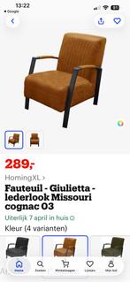 Fauteuil Giuletta lederlook Missouri cognac, Huis en Inrichting, Fauteuils, Kunststof, 75 tot 100 cm, Ophalen of Verzenden, Zo goed als nieuw