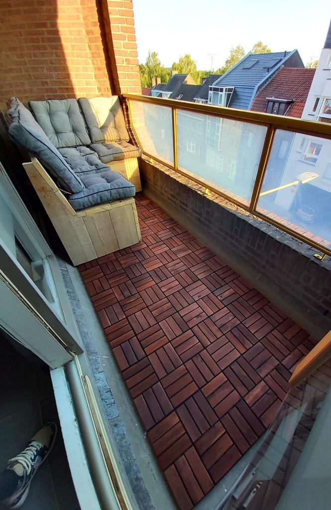 Hoekbank steigerplanken 160x110cm met degelijke kussens, Ophalen, 5 zitplaatsen, Zo goed als nieuw, Hout