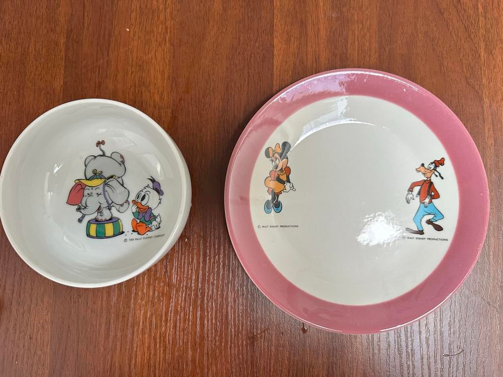 Vintage Disney Servies: Dumbo, Donald, Minnie, Goofy, Verzamelen, Disney, Ophalen of Verzenden, Donald Duck, Gebruikt, Servies
