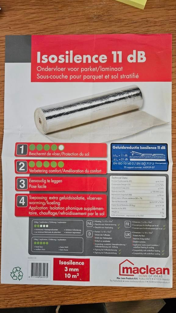 Isosilence ondervloer 11dB demping, Doe-het-zelf en Verbouw, Isolatie en Afdichting, Nieuw, Overige materialen, Minder dan 4 cm