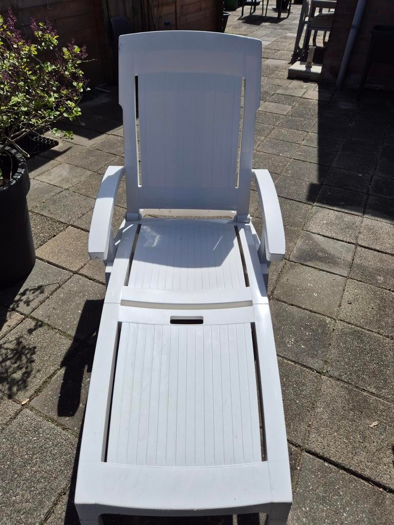 Verstelbare kunststof ligstoel met wieltjes, Ophalen, Gebruikt, Kunststof, Verstelbaar