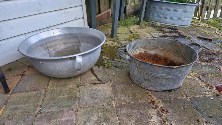 2x Zinken teil / emmer - Vintage decoratie, Tuin en Terras, Tuinwanddecoratie, Gebruikt, Ophalen of Verzenden