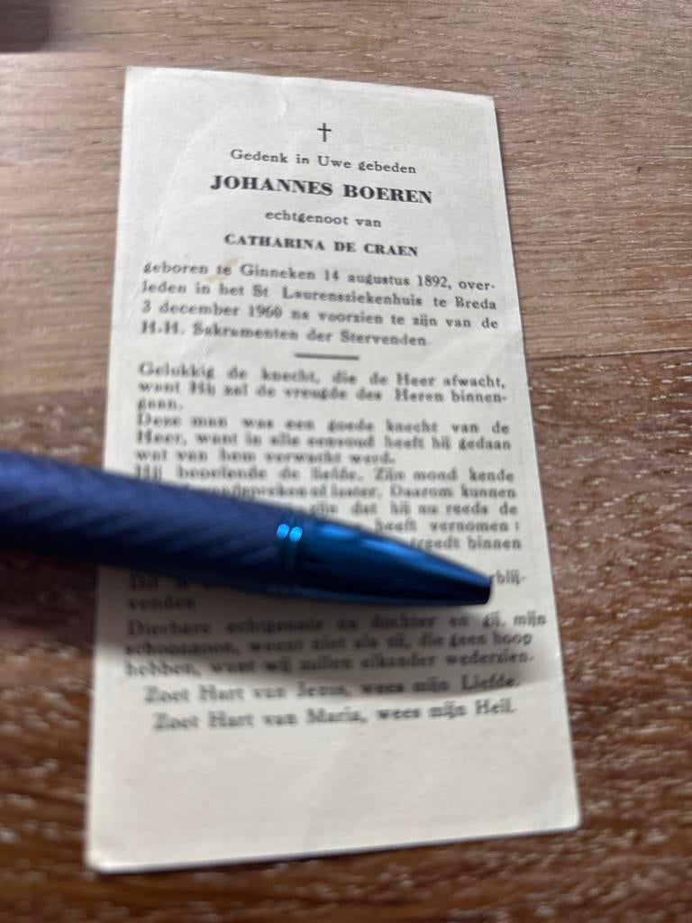 Oud Bidprentje Johannes Boeren & Catharina de Craen, Ophalen of Verzenden, Bidprentje