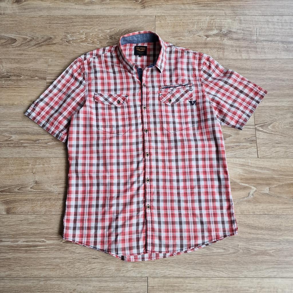 Pme Legend blouse korte mouw maat Xl. Rood, wit blok. Katoen, Kleding | Heren, Overhemden, Verzenden, ., Zo goed als nieuw, Halswijdte 43/44 (XL)