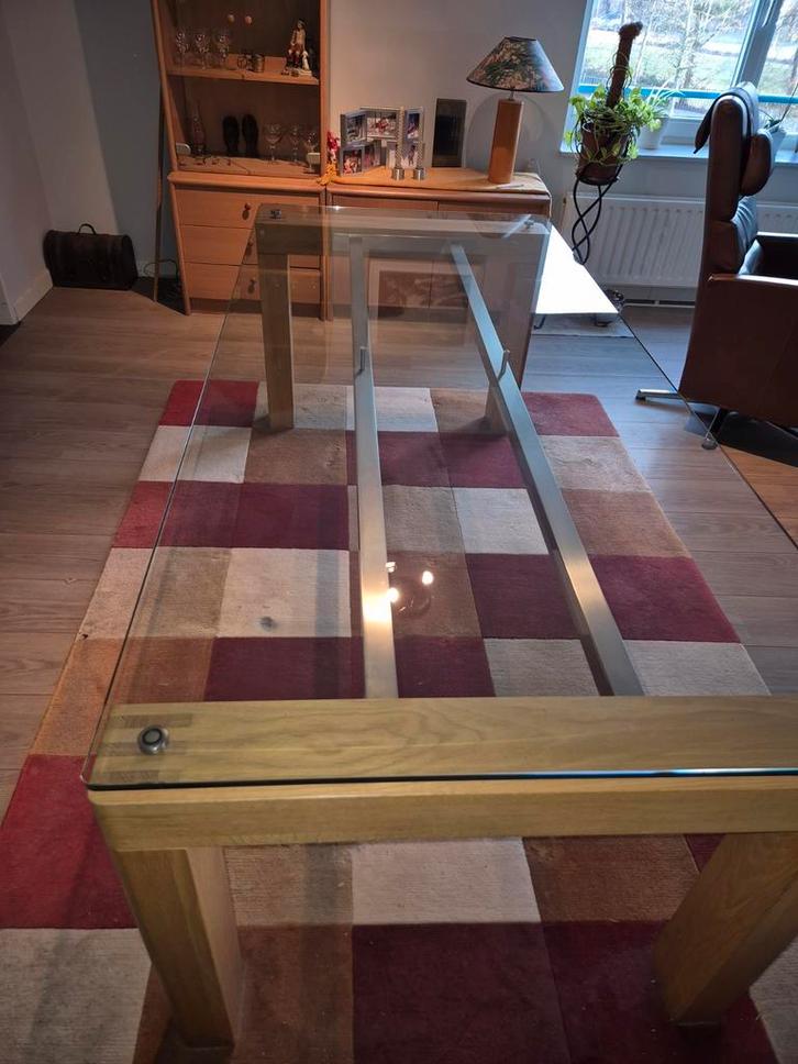 Eetkamertafel van glas tafel eetkamer hout, Huis en Inrichting, Tafels | Eettafels, Zo goed als nieuw, 50 tot 100 cm, 200 cm of meer