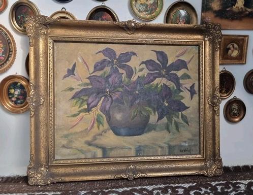 Oud olieverf schilderij met paarse lelies * schapenweide *, Antiek en Kunst, Curiosa en Brocante, Ophalen of Verzenden