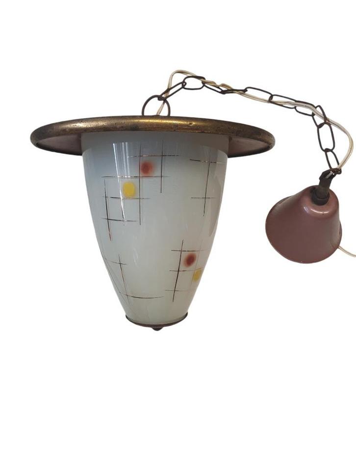 1946 Vintage glazen hanglampje met koper hanglamp lampje, Huis en Inrichting, Lampen | Hanglampen, Gebruikt, Minder dan 50 cm