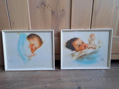 2 vintage schilderijtjes, Bessie Pease, Awakening, Heaven, Huis en Inrichting, Woonaccessoires | Schilderijen, Tekeningen en Foto's