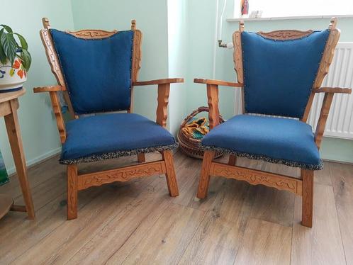 Set van 2 retro Scandinavische bewerkte houten fauteuils, Antiek en Kunst, Antiek | Meubels | Stoelen en Banken, Ophalen