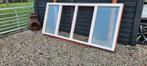 Raamkozijn merbauhout incl. 2 slagramen (zie foto's), Ophalen, Gebruikt, Inclusief glas, 75 tot 150 cm